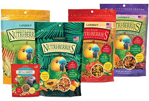 LAFEBER'S Nutri-Berries Pet Bird Food Variety Sampler Bundles, Made with Non-GMO and Human-Grade Ingredients, for Parrots, 10 oz. Each (4 Pk Bundle) with Free Avi-Cake Sample
