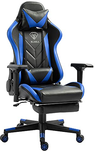 TRISENS Gaming Stuhl mit Fußstütze und ergonomsichen 4D-Armlehnen Gaming Chair in ergonomischer Sportsitz Optik Gamer Stuhl mit verstellbaren Rückenstützkissen Bürostuhl, Farbe:Schwarz/Blau