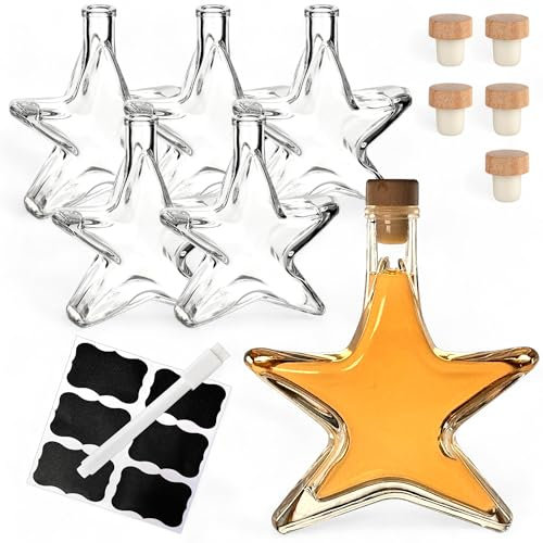 gouveo 6er Set Glasflasche 200 ml Stern mit Holzgriffkorken - Weihnachtsflasche in Stern-Form - Sternflasche mit Korken zum Befüllen und Verschenken
