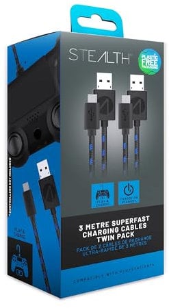 STEALTH SP-C10 Twin Play & Charge Cables (2x3m) - Black for PS4