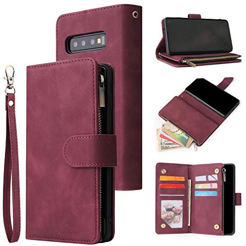 QLTYPRI Hülle für Samsung Galaxy S10 Plus, Premium Leder Handyhülle mit Große Kapazität 6 Kartenfach & 1 Reißverschluss Tasche Ständer Schutzhülle für Samsung Galaxy S10 Plus - Rot