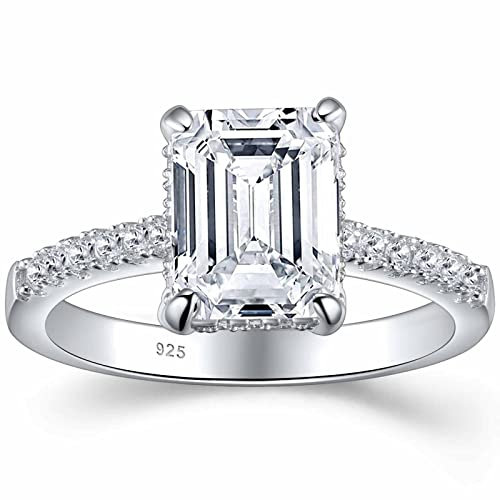SHELOVES 3 Ct Emerald Cut Engagement Rings 5A CZ Fake Diamond Travel Engagement Ring 925 Sterling Silver Rings for Women Sz O