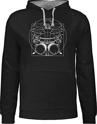 Pullover Herren Frauen Hoodie Kontrast zweifarbig - Musik Instrument Zubehör - Schlagzeuger Drummer Geschenk Schlagzeug - XXL - Schwarz/Grau meliert - instrumente pulli musikinstrumente damen