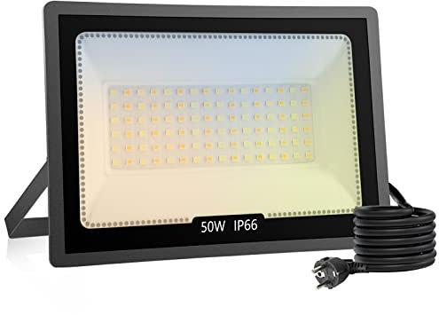 Led Strahler 50W, 3000K/4000K/6000K Led Strahler mit Eu Stecker, 5000LM Led Strahler Aussen mit 47.24inch Kabel, IP66 Wasserdicht Aussenstrahler AußEnstrahler Led Fluter für Garten, Garage[F]