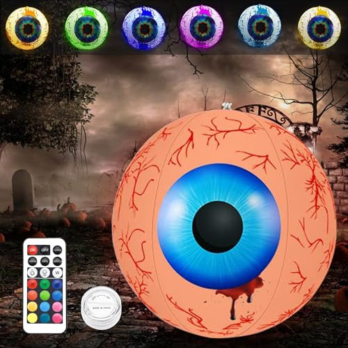 FHzytg Halloween Deko Aufblasbarer Augapfel 60cm, Halloween Aufblasbare Augapfel Horror Deko Mehrfarbigem RGB LED Augapfellicht mit Fernbedienung für Party Halloween Dekoration Garten
