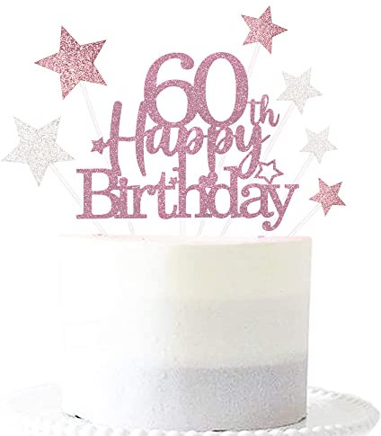 Glittery 60th Happy Birthday Cake Topper with Star,60 Birthday Cake Toppers Party Decorations Party Supplies for Women Rose Gold