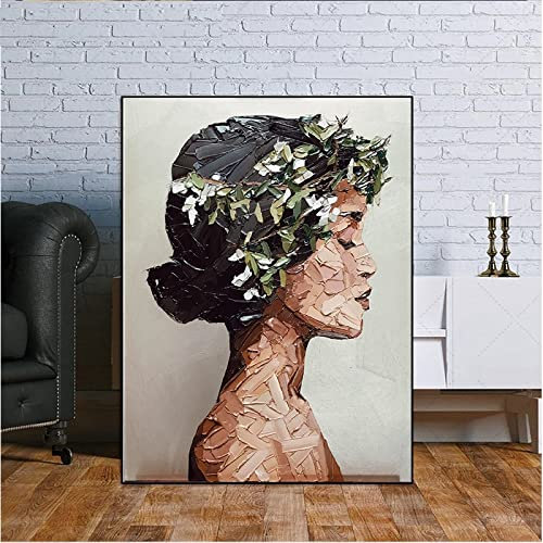Grünes Blatt Frau Porträt Ölgemälde Auf Leinwand Abstrakte Figur Nacktes Mädchen Poster Wandkunst Bild Druck Wohnzimmer Dekoration 60X90Cm Kein Rahmen