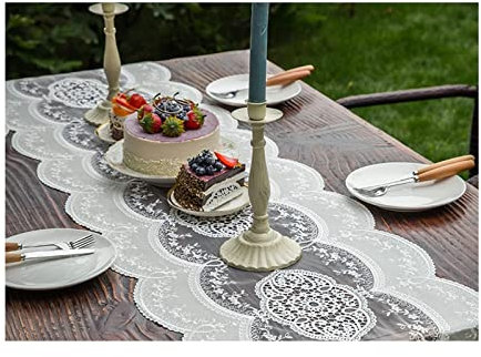 Skcess Tischläufer Hochzeit Weiß, Tischläufer Geburtstag Mesh-Spitzenstickerei Polyester Tischläufer 40x180cm Hochzeit Tischdeko Weihnachtstischdeko