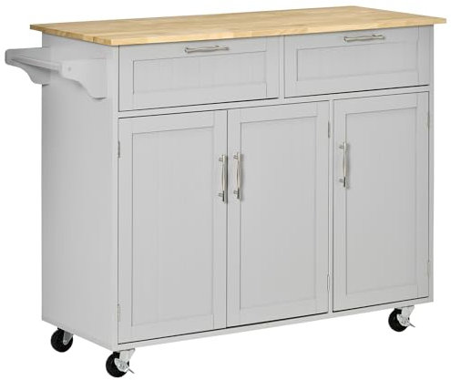 HOMCOM Isla de Cocina con Ruedas Carro de Cocina Mueble Auxiliar de Cocina con 2 Cajones 3 Puertas y Barra Lateral para Comedor 121x46x91 cm Gris