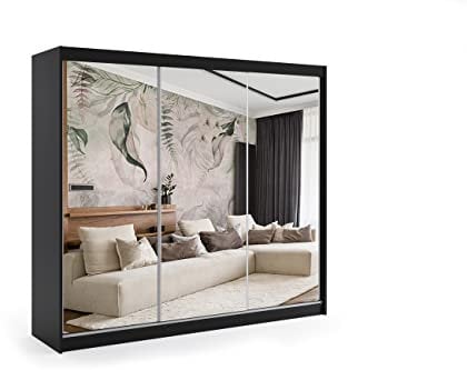 ALTDECOR Kleiderschrank mit Spiegel und Schiebetüren, kugelgelagerte Führungsschienen und Aluminium-Leisten - DEBI - 180 cm Schwarz