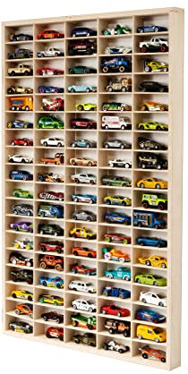 DECOCRAFT Display Cabinet Compatible with Hot Wheels Lorry Design – Toy Storage Shelves with 90 Slots – Heavy Duty Wooden Cube Storage Box – Modern Design