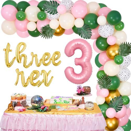 Sursurprise Dinosaurier 3. Geburtstag Dekorationen für Mädchen drei Rex Ballon Girlande Bogen Kit rosa Salbei grün 3 Jahre alt dritten Geburtstag Party Supplies