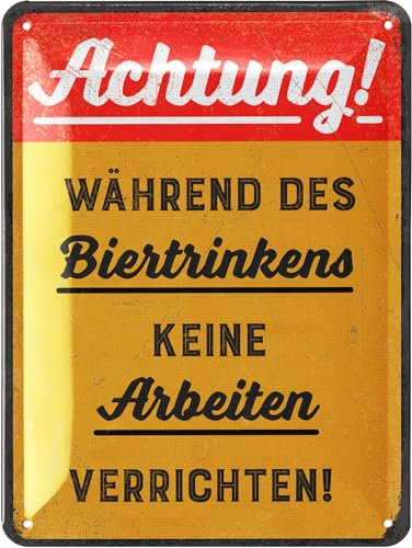 LANOLU Blechschild retro BITTE WÄHREND DES BIERTRINKENS KEINE ARBEITEN VERRICHTEN - Schild Werkstatt Deko Hausordnung, KFZ Mechaniker vintage Metallschild 15x20cm