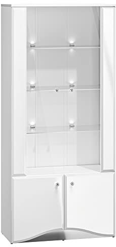 Marmex Meble Glamour Vitrine 01 Hochglänzende weiße Vitrine, geschlossen mit Scheibe, großes, verglastes Regal