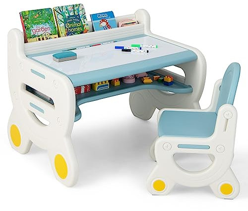 COSTWAY Kinder Sitzgruppe mit höhen- und neigungsverstellbarer Tischplatte, Kinder Tisch mit Hocker, zum Zeichen, Lernen, Spielen und Essen, für Kinder ab 3 Jahre (Blau)
