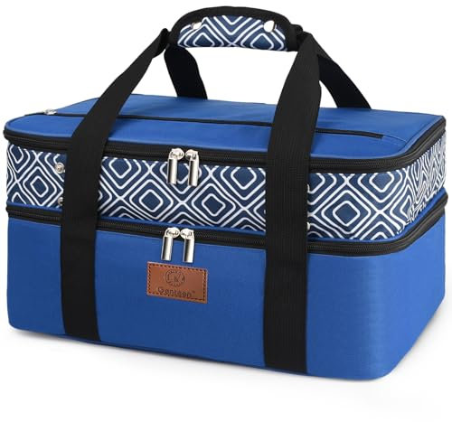 Genteen Casserole Carrier for Hot or Cold Food, Expandable Double Decker Insulated Food Carrier with Hand Protectors-Fits 9“x13” Baking Dish-Lasagna Holder Tote for Parties Potluck Picnic (Blue)