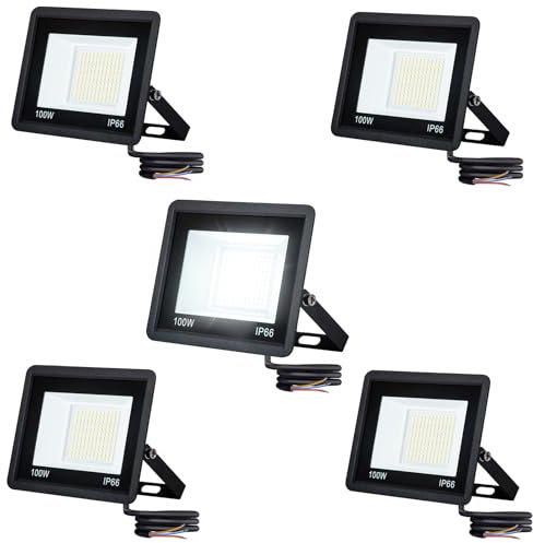Aufun 5x Projecteur LED de 100W Projecteur IP66 Étanche Projecteur de Projecteurs Super Lumineux, Ampoule Réflecteur Mural Blanc Froid pour Extérieur pour Jardin, Garage, Terrain de Sport