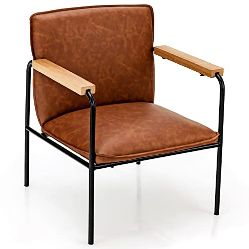 COSTWAY Accent Chair, PU Leather Upholstered Lounge Seat Comfy Armchair with Rubber Wood Armrests & Thick Cushions, Ergonomic Leisure Occasional Reading Chair for Living Room, Bedroom, Office (Camel)