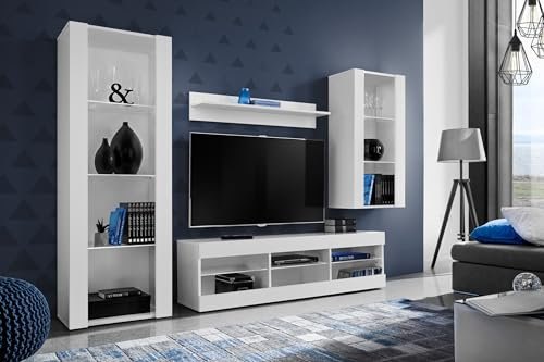 Komodee, Ensembles de Meubles Tivoli Medio, Blanc Blanc, Largeur 250cm x Hauteur 159cm x Profondeur 35cm, sans LED, pour Salon, Chambre