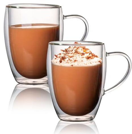 SPORWAY Bicchieri da caffè a doppia parete, 350 ml, 2 tazze da cappuccino, latte macchiato, tazze da caffè, tazze da tè con manico, bicchieri da caffè a doppia parete, lavabili in lavastoviglie