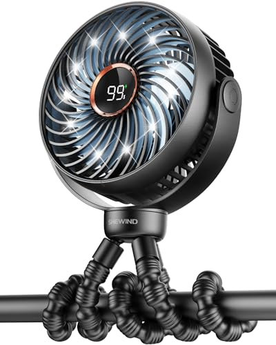 SHEWIND Ventilador portátil con pantalla LED, funciona con pilas, pequeño ventilador de clip, recargable de 4 velocidades, mini ventilador personal de refrigeración para asiento de coche, cinta de