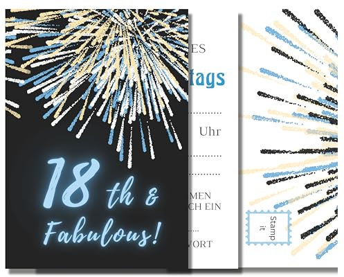 EINLADUNGEN 18 Geburtstag Klappkarten A6 mit farbigem Umschlag 10er Pack Einladungskarten Kartenset blau gold 18 Jahre Geburtstagsfeier Jungen Mädchen Erwachsene von Feste Feiern
