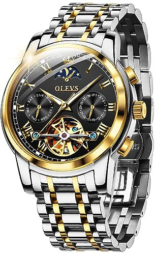 OLEVS Herren-Armbanduhr, mechanisch, automatisch, luxuriös, wasserdicht, automatisches Aufziehen, Mondphase, Chronograph, Edelstahl, Nachtlicht, Schwarz , Armband