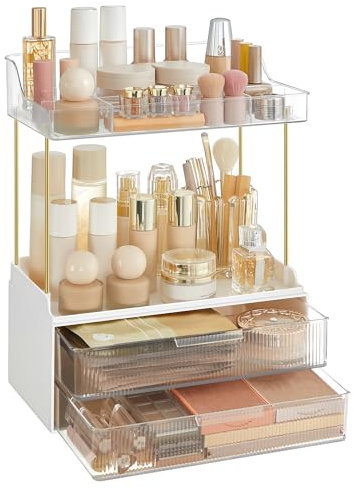 SONGMICS UJKA021W02 Make-up-Organizer mit 4 Schichten, Hautpflege-Organizer, 4 Trennwände, rutschfestes Design, Badezimmer-Theken-Organizer, vielseitig für Schminktisch, Schlafzimmer, Küche, 20 x 32 x
