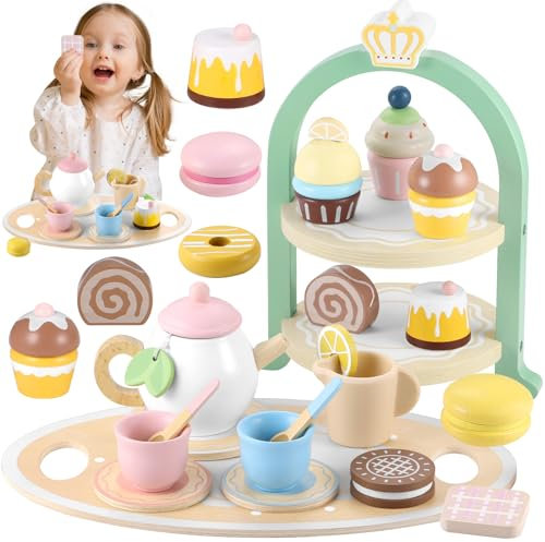GAGAKU Service à thé en Bois pour Set de thé pour Enfants avec Support à gâteaux et Desserts Jouets pour Jouer à la Cuisine Accessoires de Cuisine Cadeaux pour Enfants