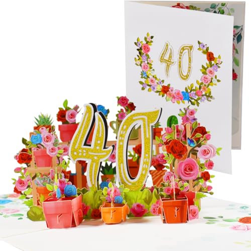CNLITIHEKA Pop Up Karten zum 40. Geburtstag, 40. Blumen-Geburtstagskarten, 40. Popup-Jubiläumskarte, Geschenkkarte zum Geburtstag mit Notiz und Umschlag.