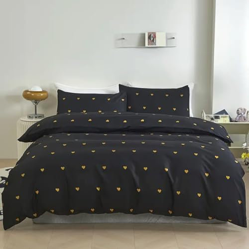 Nyescasa Bettwäsche 220x240 Schwarz mit Herzen Gold Herz Bettbezug Weich Mikrofaser Mädchen Herzmuster Bettwäsche Set mit Reißverschluss und 2 Kissenbezug 80x80cm