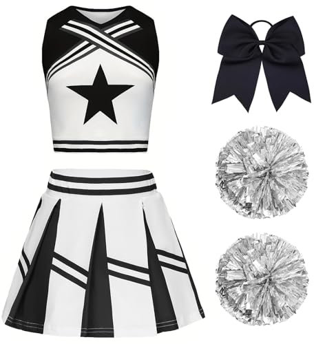 XFOZDM Cheerleader Kostüm Kinder Cheerleader Kostüm Kleid Mädchen Cheer Uniform mit Pompoms und Kopfschmuck Cheerleading Outfit Kinder für Faschingskostüme Halloween Karneval Schwarz 140