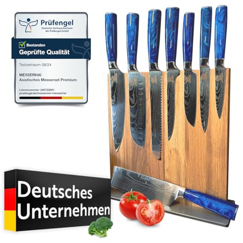 Messerhai Messerblock-Set Aoi, 8-teiliges Küchenmesser-Set mit Messerblock – Chefmesser, Santoku, Ausbeinmesser, Brotmesser, Schälmesser, Nakiri, Yanagiba, hygienische Aufbewahrung, in Geschenkbox