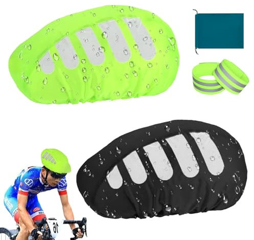 2Pcs Reflective Bike Helmet Rain Cover, High Visibility Waterproof Cycling Helmet Protector, Helmet Rain Cap With Reflective Strip, 2 Elastic Cycling Strap Wristbands for Night (Black Green)