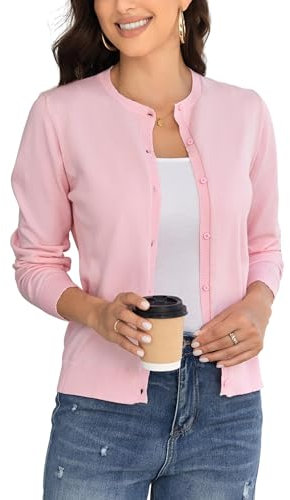 BERESIA Ladies Cardigan Womens Knit Sweater with Buttons Round Neck Crewneck Coat Elegant, Pink M