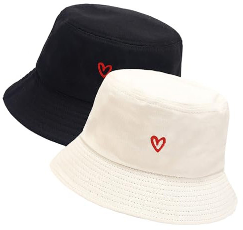 XYIYI 2 Pack Herz Schwarz Beige Unisex Fischerhüte für Frauen Männer Sommer Strand Angelnhut Sonnehut