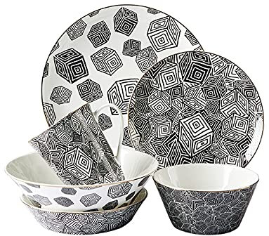MPOPO Camping Plates Ceramic Dinner Plate Set Black and White Round Dinner Plate 6 Pieces of Premium Porcelain Home Sushi Salad Steak Bowls and Dishes Decorative Plate