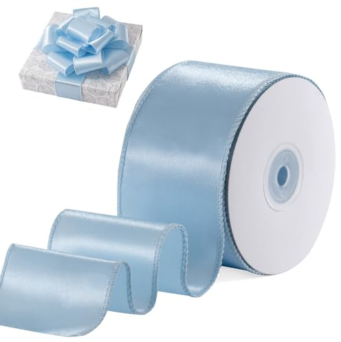 FAKILO Light Blue Wired Satin Ribbon 63mm x 18m Light Blue Wired Ribbon for Gift Wrapping Christmas Tree Decoration Bows Making Wreath DIY Crafts and Wedding Party Decor