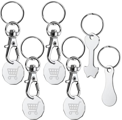 6 Pcs Trolley Tokens Stainless Steel Trolley Coin Keyring UK Shopping Trolley Token with Metal Clips and Rings Lobster Keyrings for Supermarket Grocery Shopping Cart