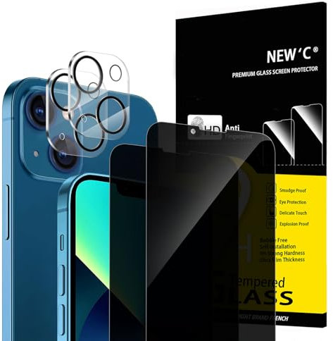 NEW'C Kit de 4, 2 x Verre Trempé Anti-Espion pour iPhone 13 (6,1 Pouces) et 2 x Protection Caméra Arrière - Anti Rayures - Ultra Résistant-HD Transparent-Angle de Confidentialité 28 Degrés Amélioré