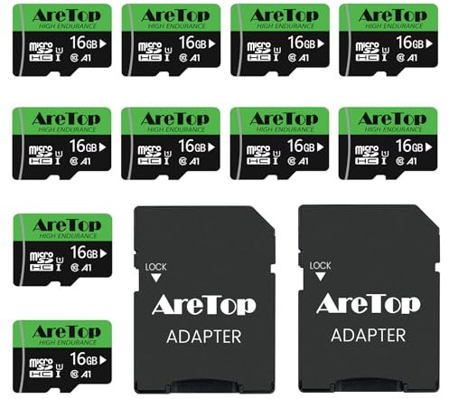 AreTop 16GB Micro SD Cards 10-Pack Micro Memory Cards with 2 Adapter, Read Speed up to 90MB/s UHS-I A1 U1 Class10, High Speed 16GB TF Cards for Tablet, Camera, Dash Cam, Game Console, 10Pack 16G