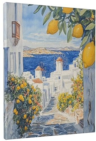 Lemon Tree Coastal Canvas Wall Art, Yellow Blue Mediterranean Scenery Print, Summer Aesthetic Decor For Living Room, Bedroom, Office, Unframed 16x20 Inch