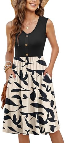 MOLERANI Damen Sommerkleider Ärmellos Lässig Locker Swing T-Shirt Button-Down Midikleid mit Taschen Aprikose Schwarzblatt L