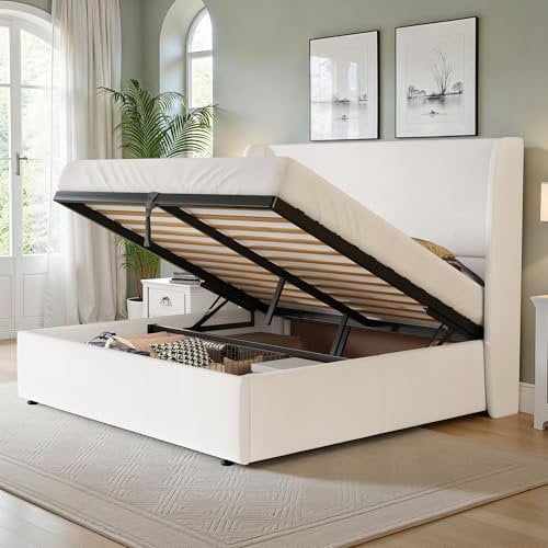 LUXOAK Polsterbett mit Gaslift-Stauraum, Flügel-Kopfteil für bequemen Halt, Massivholzlatten für ruhigen Schlaf, schnelle Montage, bezogen mit Leinenstoff (Weiß, 160 x 200 cm)