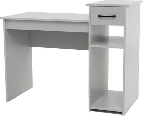 SFAREST Computer Desk with Drawer, Modern Study Desk with Storage Shelf & Lifted Tabletop, PC Workstation Desk for Home Office (Grey)