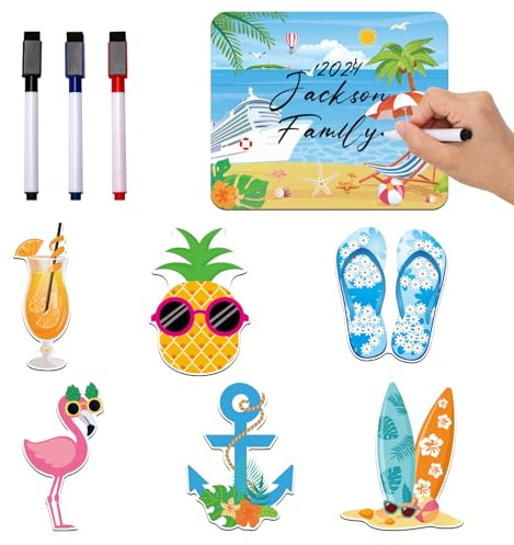 JoyAura 7 Pcs Family Cruise Door Decorations Funny Ship Door Magnets | 3 Pcs Erasable Pens for Summer Beach Cabin Magnet Stickers and Holiday Party with Tropical Hawaii Flamingo Pineapple Designs