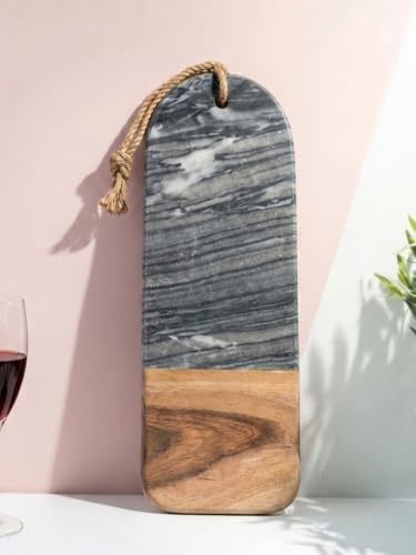 Premium Charcuterie Board – Grey Marble and Acacia Wood Serving Platter, 43 x 18 cm Cheese Board with Handle for Entertaining and Gifting