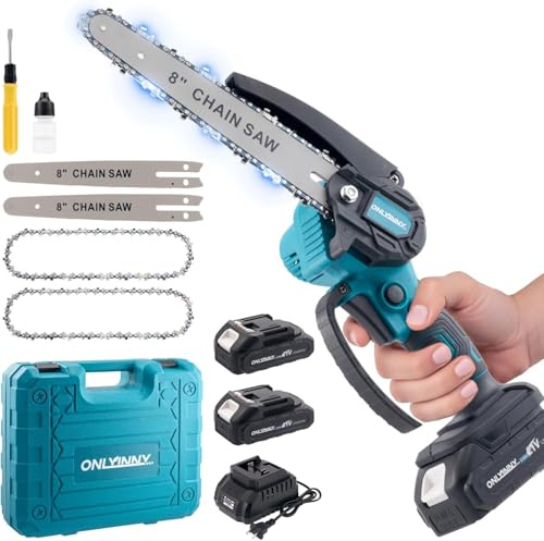 Mini-Kettensäge 8 Zoll Elektrokettensäge, Mini-Akku-Kettensäge-Set, seniorenfreundlich mit automatischer Ölversorgung, 2 Kettenplatten, 2 Ketten, 2 Akkus zum Baumschnitt,