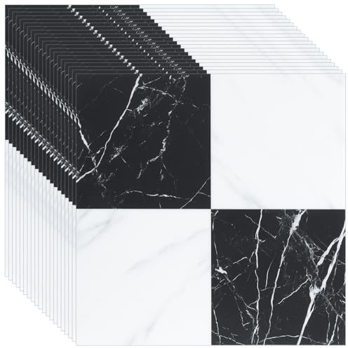 YAYODS 20-Pack Floor Tiles Self Adhesive, 30x30cm Black and White Marble Checkered Peel and Stick Floor Tiles, Waterproof Vinyl Flooring for Kitchen and Bathroom
