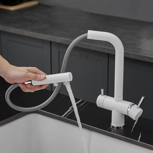 Miscelatore Cucina 3 Vie Estraibile Bianco Rubinetto Lavello Cucina 3 Vie per Depuratore Ottone-Bianco